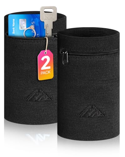 NEWZILL Wrist Wallet Wristband with Zipper - Cotton Sweatbands for Men & Women, Ideal for Running, Walking, Basketball, Football, Tennis, Hiking - color: Black, style: Small-2PCS