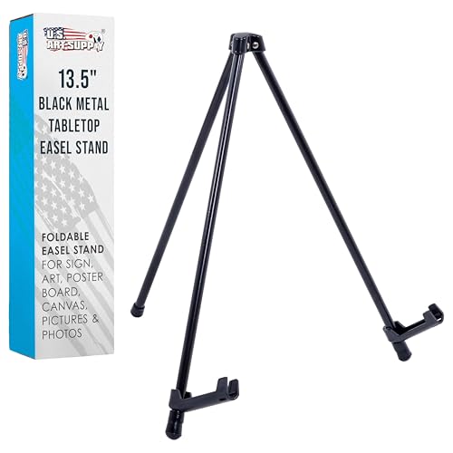 U.S. Art Supply 13.5" Black Metal Tabletop Easel Stand - Foldable Tripod Table Top Easel Stand for Sign, Art, Poster Board, Canvas, Pictures & Photos - Display Table Easels with Non-Skid Feet