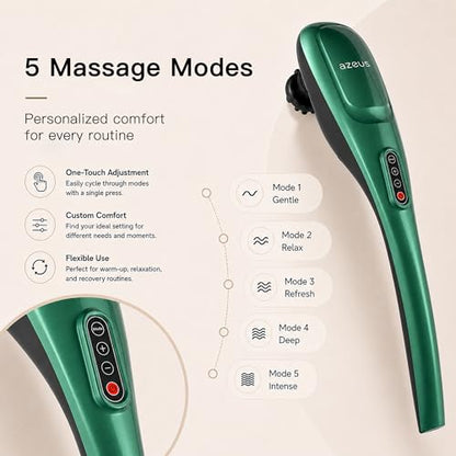 MEGAWISE Cordless Handheld Back Massager w/Rechargeable 3200mAh Battery, 5 Speed and 5 +2 Massage Nodes with Hard, Medium and 2 Soft Silicone Nodes; Massage While Moving Around (Dark Green) - color: Dark Green