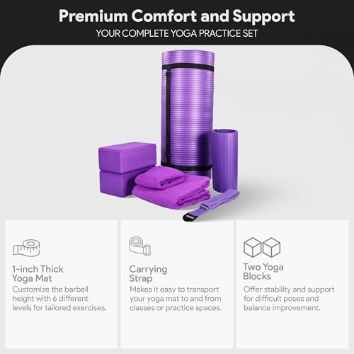 BalanceFrom 7-Piece Yoga Set with 71x24x1 Inches Extra Thick Mat and Carrying Sling – Includes 2 Blocks, Stretch Strap, 2 Towels, and Knee Pad for Home, Studio, and Gym Workouts - color: Purple