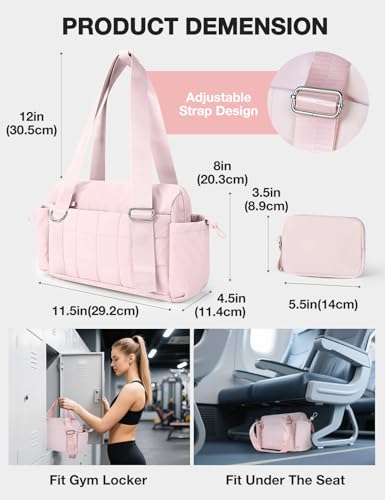 Mini Gym Bag for Women Puffy Bag, Small Gym Bag with Coin Wallet, Lightweight Gym Tote Bag for Fitness, Work, Travel, Daily Commute,Pink - color: Pink
