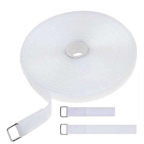 39ft Hook and Loop Straps Cinch Straps 1 inch Wide White Nylon Long Adjustable Management Cords Organized Cable Ties With 50Pcs Buckles - color: White