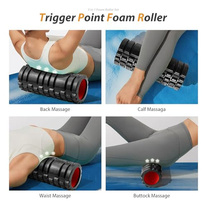 SUBCULTUREPICK 5 in1 Foam Roller Set, Trigger Point Foam Roller Deep Tissue | Massage Roller Stick, Massage Ball, Resistance Band for Physical Therapy, Pilates Yoga,Fitness Exercise for Whole Body Black - color: Black-red