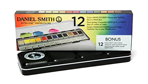 DANIEL SMITH Hand Poured Watercolor Half Pans Set with 12 Watercolor Pans, 12 Empty Pans, 1 Metal Palette (total 25 pieces) 285650107 - style: Set of 12 colors with metal case and 12 empty containers