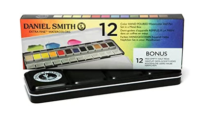 DANIEL SMITH Hand Poured Watercolor Half Pans Set with 12 Watercolor Pans, 12 Empty Pans, 1 Metal Palette (total 25 pieces) 285650107 - style: Set of 12 colors with metal case and 12 empty containers