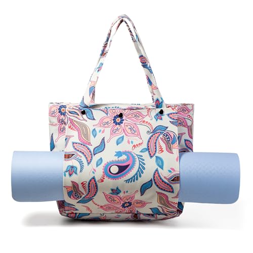 Floral Paisley Pattern Yoga Bag, Canvas Tote with Blue and Pink Design, Spacious Carrier for Yoga Mat and Accessories - color: White