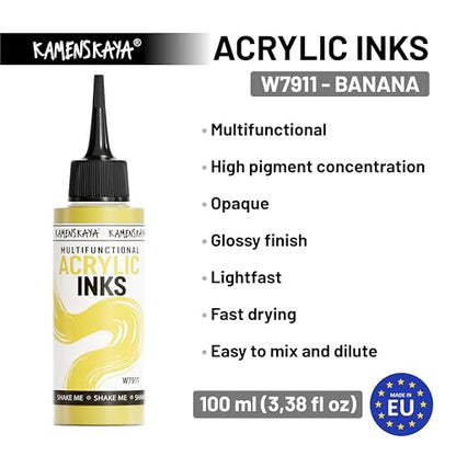 Kamenskaya Acrylic Inks for Artists - 'Banana' Acrylic Ink, 3.38 Fl Oz (100 ml) | Highly Concentrated, Multifunctional Liquid Acrylic Paint - color: Banana