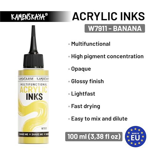 Kamenskaya Acrylic Inks for Artists - 'Banana' Acrylic Ink, 3.38 Fl Oz (100 ml) | Highly Concentrated, Multifunctional Liquid Acrylic Paint - color: Banana