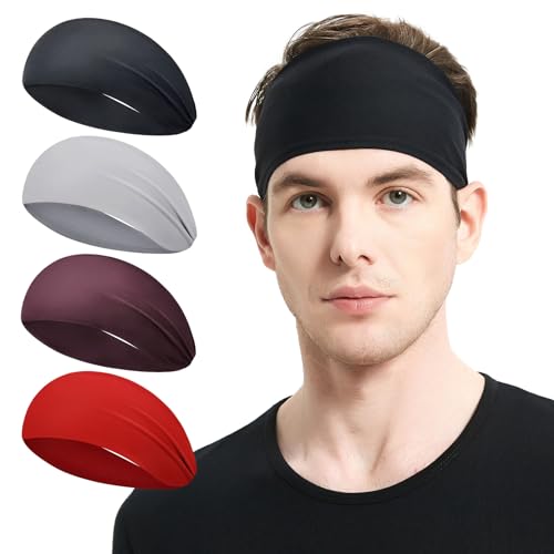 MARKEEP Running Headbands for Men (4 or 6 Pack), Mens Stretchy Headband for Football,Cycling,Basketball,Yoga,Fitness Workout Unisex Quick-Dry Sweatband - color: （4pack）Black,Gray,Brown,Red, size: One Size