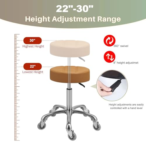 Kaleurrier Rolling Stools with Adjustable Height: Swivel Stool with Wheels - color: Camel