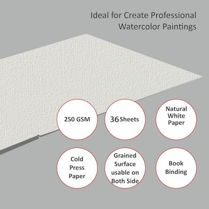 Creo Crafts 100% Cotton Watercolor Paper A5 (5.8 x 8.3 in) - 36 Sheets, 250 GSM Cold Pressed, Gelatin Sized, Acid-Free Natural White Artist Paper for Watercolour & Gouache - size: A5
