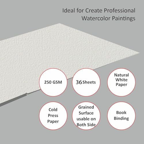 Creo Crafts 100% Cotton Watercolor Paper A4 (8.3 x 11.7 in) - 36 Sheets, 250 GSM Cold Pressed, Gelatin Sized, Acid-Free Natural White Artist Paper for Watercolour & Gouache - size: A4