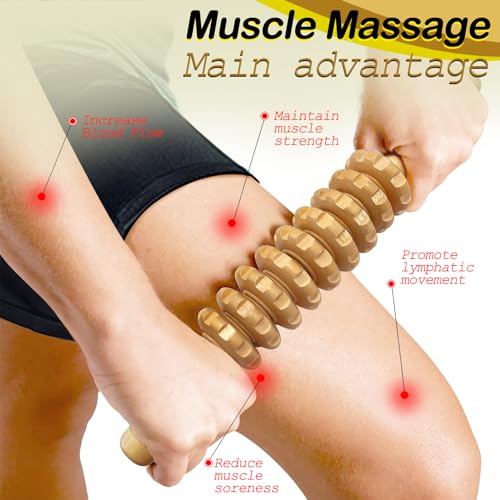 Manual Massager Wooden Handheld Roller Trigger Point Massager Stick for Fascia, Cellulite, Muscle & Abdomen, Body Therapy Massager, Muscle Belly Relief Tool, Natural Wood | Body Sculpting, 9-Wheel Massager for Legs and Thighs, Wooden Massage Tools for Tri