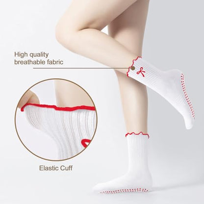 Women's Pilates Grip Socks, Ruffle Non Slip Bow Pattern Yoga Socks | Grippy, Frilly Trim, Embroidery, Crew Length, Soft Cotton, Arch Support, for Barre Ballet Dance Workout Hospital Home Gifts - color: B04-bow-white(red)+red(white)