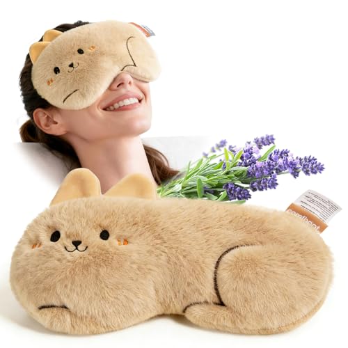 Lavender Eye Pillow for Relaxation, Yoga, Meditation | Microwavable Moist Heat Eye Compress Mask Pillow with Washable Plush Cover for Spa, Sleeping, Migraine Relief, Cute Rabbit - color: Khaki Rabbit (Lavender Scent)