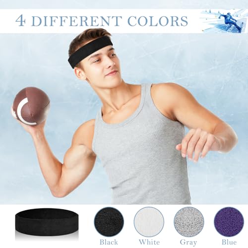 4 Pack Cotton Terry Sweat Headbands for Men Women Running Gym - color: Black/Gray/Purple/White