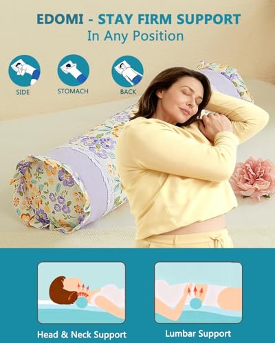 Neck Pillow for Sleeping - Buckwheat Hull Pillow Adjustable Cervical Roll Pillow 15.7" x4.7”, Cylinder Pillow for Neck Support, Round Neck Pillow Bolster with Removable Cover, Purple - color: Flower-purple