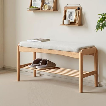 Oak Wood Shoe Bench, 32 Inch Entryway Bench with Light Gray Cushion - color: Natural + Light Gray Cushion, size: 31.49"