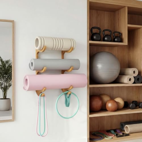 Junkin Yoga Mat Holder Wooden Wall Mount, Yoga Mat Gym Equipment Storage with 4 Hook Storage Holder for Hanging Foam Rollers and Resistance Bands for Home Gym or Fitness Class(Brown,3 Tier)