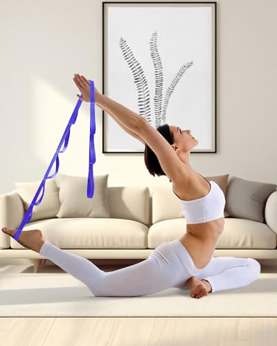 10 Loop Yoga Stretching Strap for Physical Therapy - Non-Elastic Exercise Band for Pilates, Yoga, Stretching for Women & Men - color: Blue