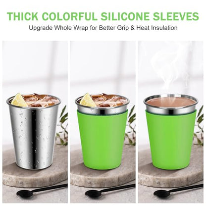 Kids Drinking Cups, Stainless Steel Tumbler Cups with Lids and Straws | Set of 2 Spill Proof Cups for Kids, Durable Water Tumbler with Colorful Easy-Grip Silicone Sleeves (Green & Yellow) - color: Green/Yellow