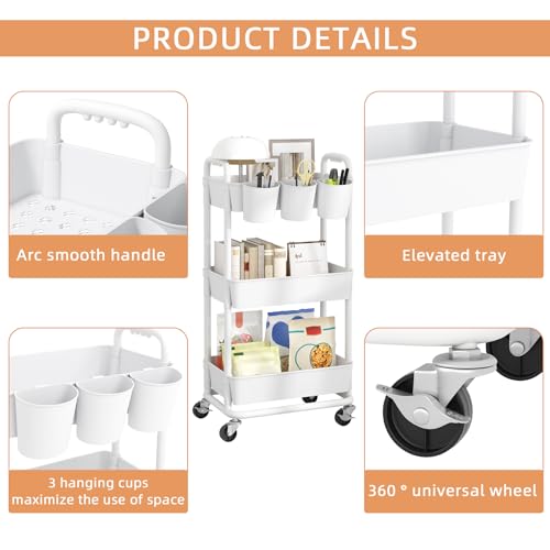 3-Tier Plastic Rolling Storage Cart Utility Cart with Extra Hanging Cups Handles Lockable Wheels for Living Room Bathroom Kitchen Office White | Utility Cart with Extra Hanging Cups Arc-Shaped Handles Lockable Wheels for Living Room Bathroom Kitchen Offic