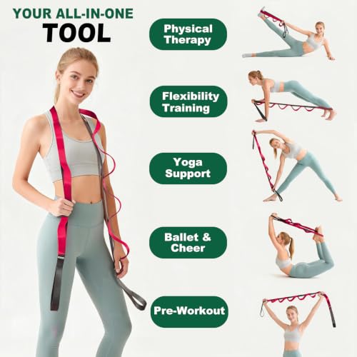 Acozycoo Stretching Strap with Loops for Leg Calf Back Physical Therapy | Non-Elastic Yoga Strap for Stretching,Stretch Band,Leg Lifter,Rehab,Knee,Hip,Pilates,Flexibility Training,Hamstring,Fascia - color: Red