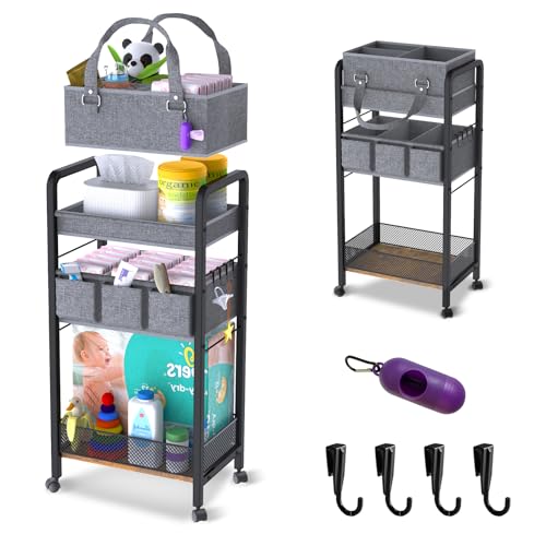 2IN1 Baby Diaper Caddy Organizer-3 Tier Rolling Storage Cart with Dividers - Bedside Diaper Caddy Cart for Baby Nursery Newborn Essentials-Mobile Utility Carts with Wheels for Changing Table - color: Black