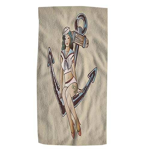 Pehede Anchor and Girl Bath Hand Towel Vintage Pinup Sailor Girl SittingAnchor Soft Absorbent Hand Towels for Bathroom Kitchen Beach Spa Gym Yoga Swim Home Decor 15x30 in - color: Anchor and Girl Bath