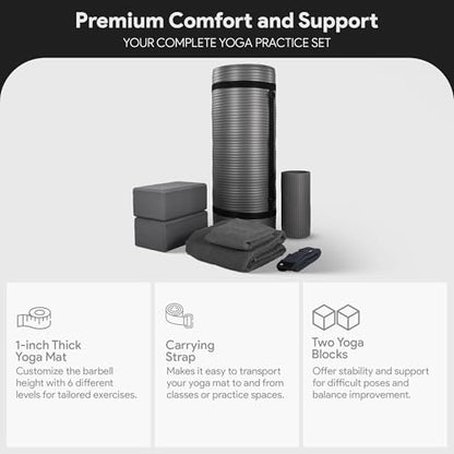 BalanceFrom 7-Piece Yoga Set with 71x24x1 Inches Extra Thick Mat and Carrying Sling – Includes 2 Blocks, Stretch Strap, 2 Towels, and Knee Pad for Home, Studio, and Gym Workouts - color: Gray