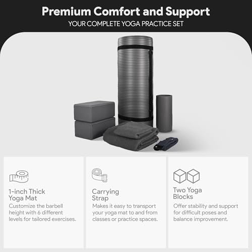 BalanceFrom 7-Piece Yoga Set with 71x24x1 Inches Extra Thick Mat and Carrying Sling – Includes 2 Blocks, Stretch Strap, 2 Towels, and Knee Pad for Home, Studio, and Gym Workouts - color: Gray