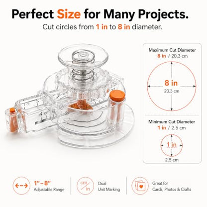 Circle Cutter for Paper & Crafts, Paper Cutter with 1 to 8 in Cut Diameter | With 4 Blades, Upgraded Precision Round Trimmer for Laminated Sheets, Photos