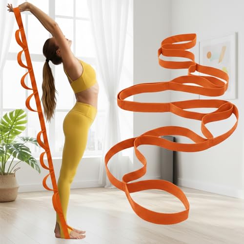 Stretching Strap, Yoga Stretch Strap for Home Workout Exercise Pilates and Gymnastics, Non Elastic Stretch Band with 10 Loops for Flexibility Training, Aesthetic Packaging for Women and Men - color: Orange