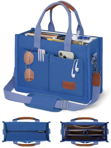FIORETTO Canvas Tote Bag for Women with Zipper Closure & Individual Compartments for Work College for Teacher & Nurse - color: Dark Blue, size: Large