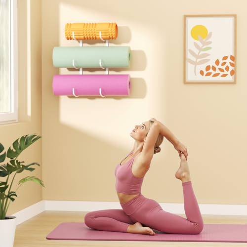 Yoga Mat Holder Wall Mount, 3-Tier Yoga Mat Storage Rack for Gym, White - color: White