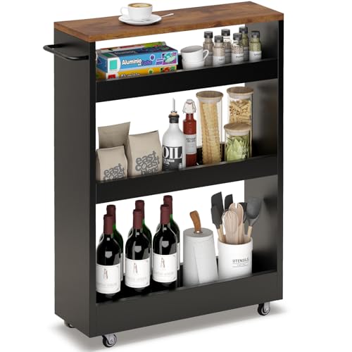 TEAMIX Wood 4-Tier Slim Rolling Storage Cart, 7.9"W, 24.8"D, 36.7"H, Black - color: Black