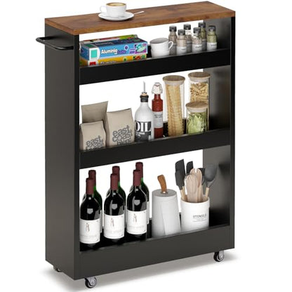 TEAMIX Wood 4-Tier Slim Rolling Storage Cart, 7.9"W, 24.8"D, 36.7"H, Black - color: Black