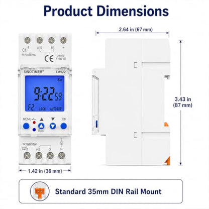 TM922-3 DC/AC 24V Power 2 Channels Big LCD Display Programmable Timer Time Switch Dual-Relay 16A Amp with Blue Backlight - size: Input 24VDC