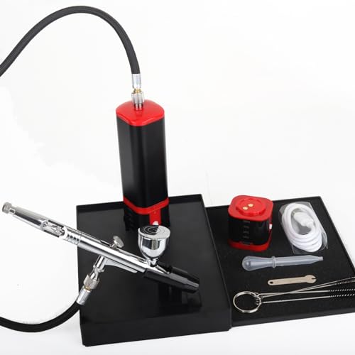 Portable mini airbrush kit with holder stable for both air brush pen and rechargeable airbrush compressor with replaceable battery for nail,barber,models,art,cake decorations etc. - color: Black Red