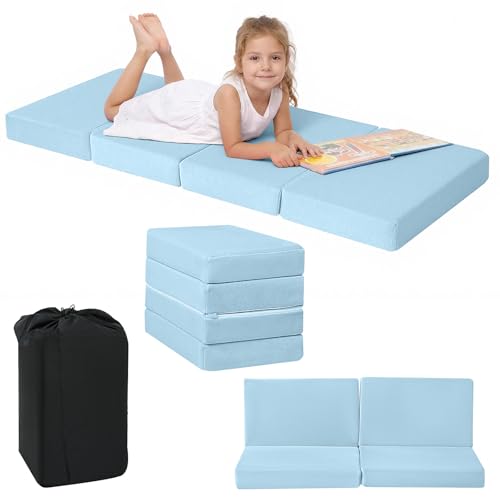 MeMoreCool Kids Folding Mattress, 63x26 Trifold Floor Mat, Blue - color: Blue