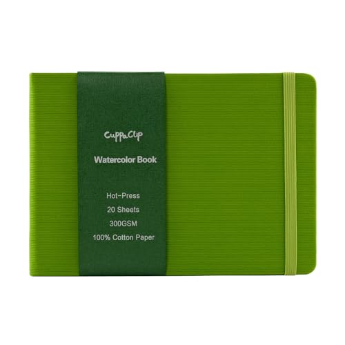 CuppaClip Watercolor Paper Cotton Hot-Pressed with Inner Pocket Watercolor Sketchbook Journal As Travel Notebook 300 GSM 140 LB (Green, 11.81x8.26in) - color: Green, size: 11.7×8.3in