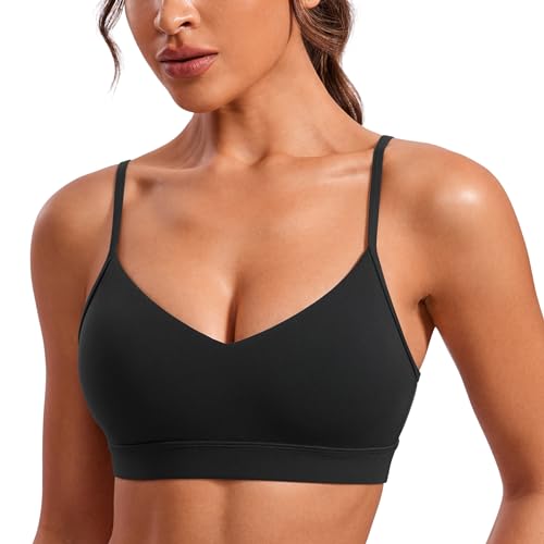 CRZ YOGA Butterluxe V Neck Sports Bras | Light Support, Removable Pads, Yoga, Extremely Soft, Square Back, Adjustable Spaghetti Straps, for Women - color: Black, size: Large