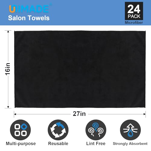 UNIMADE 24 Pack Salon Towels - Highly Absorbent and Quick Drying Hand Towels, Premium Wash Cloths for Bathroom, Gym, Shower, Hotel, and Spa - 16x27 inch (Black) | Quick Drying Premium Wash Cloths for Bathroom, Gym, Shower, Hotel, and Spa - 16x27 inch - Bl