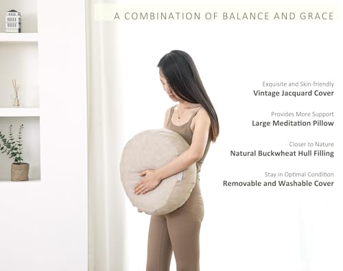 Meditation Cushion, Comfortable Meditation Pillow with Peacock Feather Jacquard Cover. Buckwheat Hull Filled Zafu Floor Pillow 16 * 16 * 5 in - color: Apricot Gray