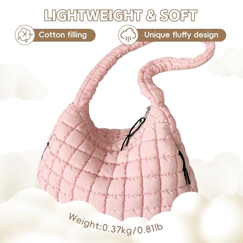 Puffer Tote Bag for Women, Large Quilted Puffer Bag with Pouch, Puffy Quilted Hobo Bag, Puff Crossbody Purse - color: 1-pink
