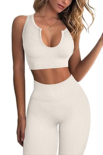 QINSEN Workout Outfits for Women 2 Piece Ribbed Seamless Crop Tank High Waist Yoga Leggings Sets - color: 02 Beige, size: Large