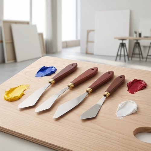Palette Knifes Set 4 Pieces Stainless Steel Painting Knives with Wood Handles for Oil Acrylic Painting Pigment Blending Cake Decorating Art Supplies