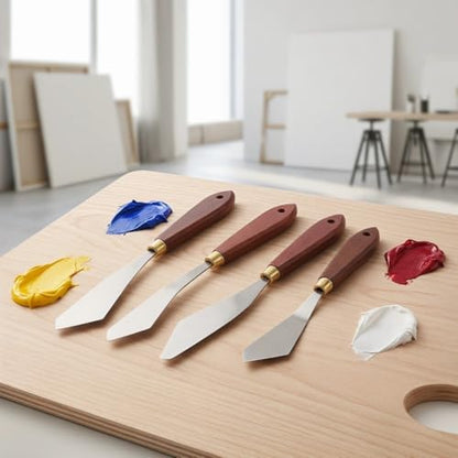 Palette Knifes Set 4 Pieces Stainless Steel Painting Knives with Wood Handles for Oil Acrylic Painting Pigment Blending Cake Decorating Art Supplies
