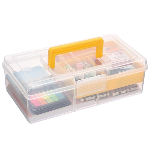 JUXYES Clear Art Craft Supply Storage Bin Sewing Box With Handle Lid | Plastic Carry Storage Box with Removable Tray, 2 Layers Portable Storage Case for Art Craft, Sewing, School Office Supplies - color: Yellow, size: 1 Pack