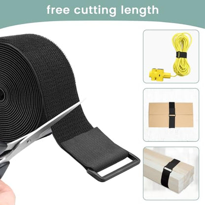 2In x 16Ft Cable Straps Heavy Duty With 15 Buckles, Black Hook and Loop Straps, Reusable Cable Ties for Organizer or Storage - size: 2In x 16Ft